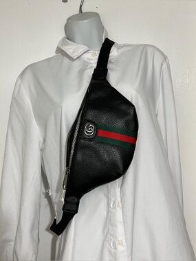 Black Leather Belt Bag with Green & Red Stripe
